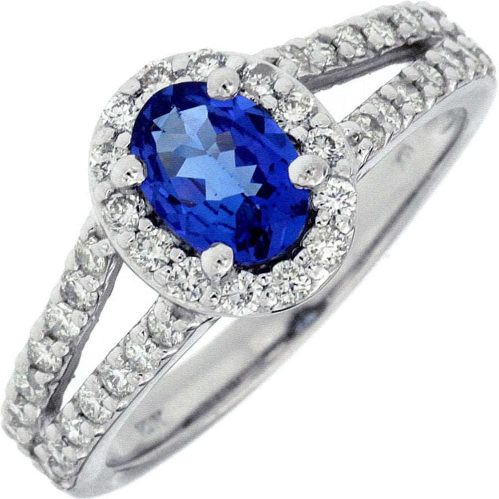 14K White Gold Split Shank Halo Ring with Oval Tanzanite and Round Diamonds - 0.84 Carat Tanzanite and 0.65 Carat Total Diamond Weight - Royal Jewelry