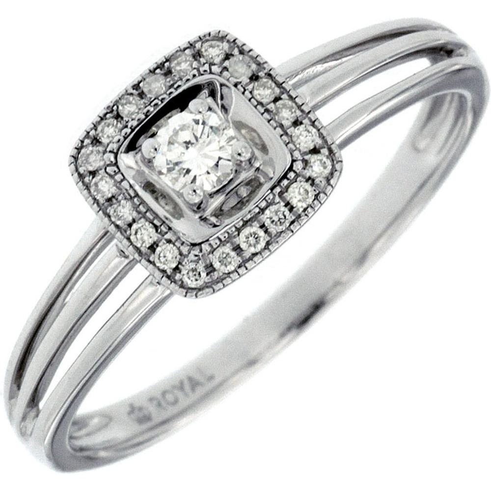 14K White Gold Split Shank Halo Ring with Round Brilliant Center Diamond and Milgrain Detail - 0.15 Carat Main Stone - Royal Jewelry