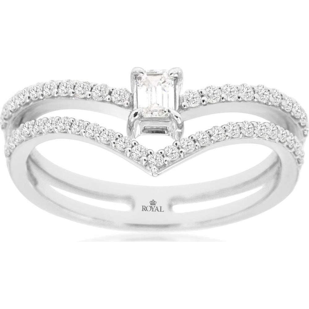 14K White Gold Split Shank Ring with 0.50 Carat Emerald Cut Diamond Center and Round Diamond Accented Double Bands - Royal Jewelry