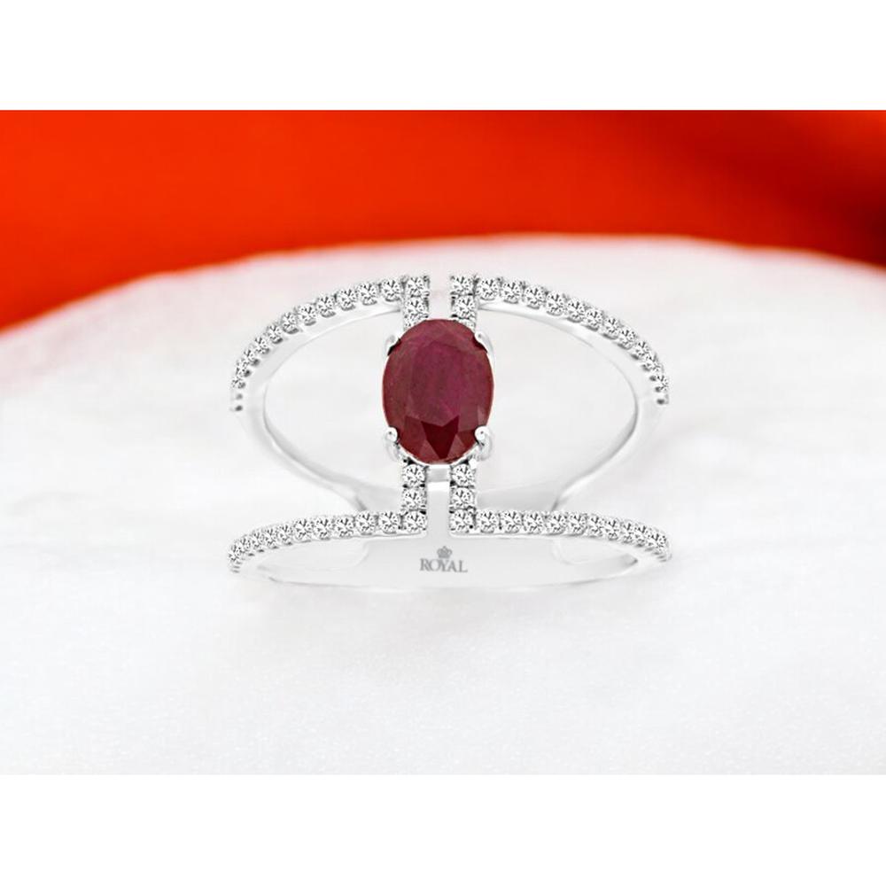 14K White Gold Split Shank Ring with 0.90 Carat Oval Ruby and 0.35 Carat Round Diamond Accents - Royal Jewelry