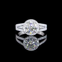 14K White Gold Split Shank Ring with 1.03 Carat Round Brilliant Cut Lab Diamond and Halo Setting - 1.42 Carat Total Diamond Weight - Covaloro Fine Jewelry