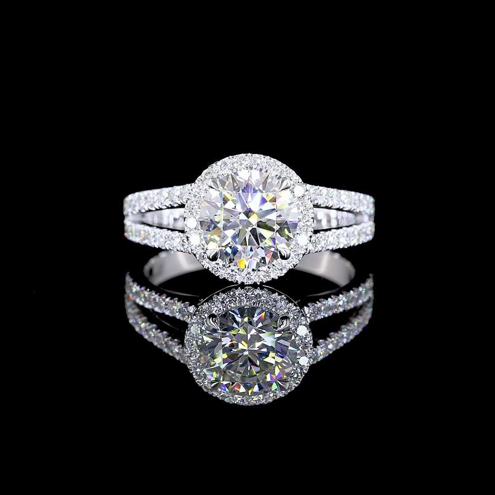 14K White Gold Split Shank Ring with 1.03 Carat Round Brilliant Cut Lab Diamond and Halo Setting - 1.42 Carat Total Diamond Weight - Covaloro Fine Jewelry