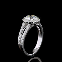 14K White Gold Split Shank Ring with 1.03 Carat Round Brilliant Cut Lab Diamond and Halo Setting - 1.42 Carat Total Diamond Weight - Covaloro Fine Jewelry