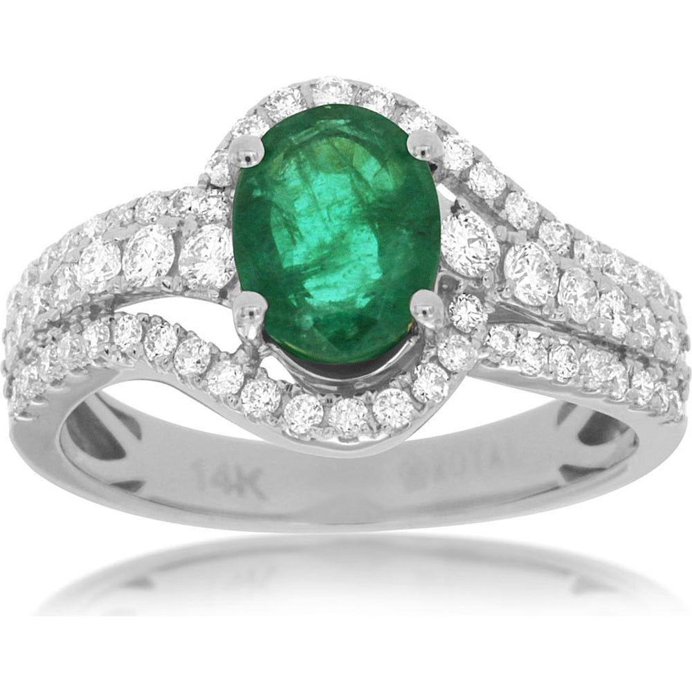 14K White Gold Split Shank Ring with 1.10 Carat Oval Emerald and 0.65 Carat Pave-Set Diamond Halo - Royal Jewelry