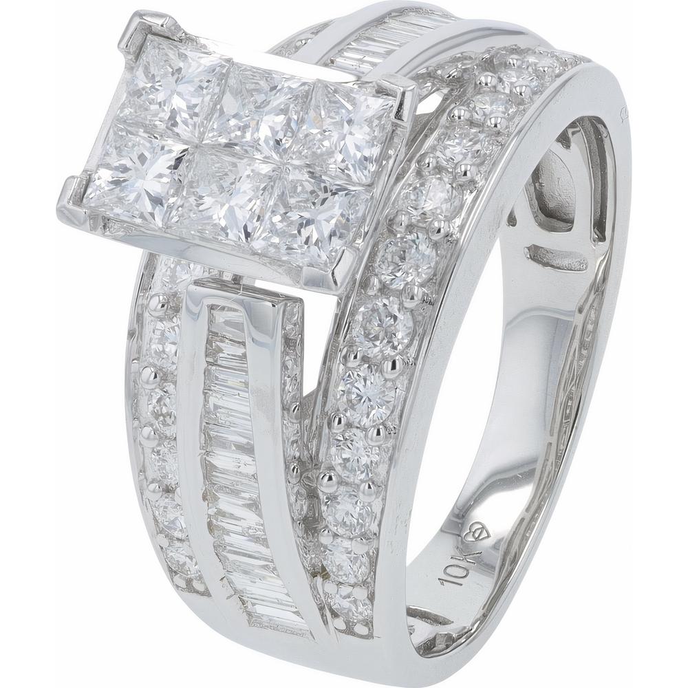 14K White Gold Split Shank Ring with 2.00 Carats Total Princess, Round, and Baguette Lab Grown Diamonds