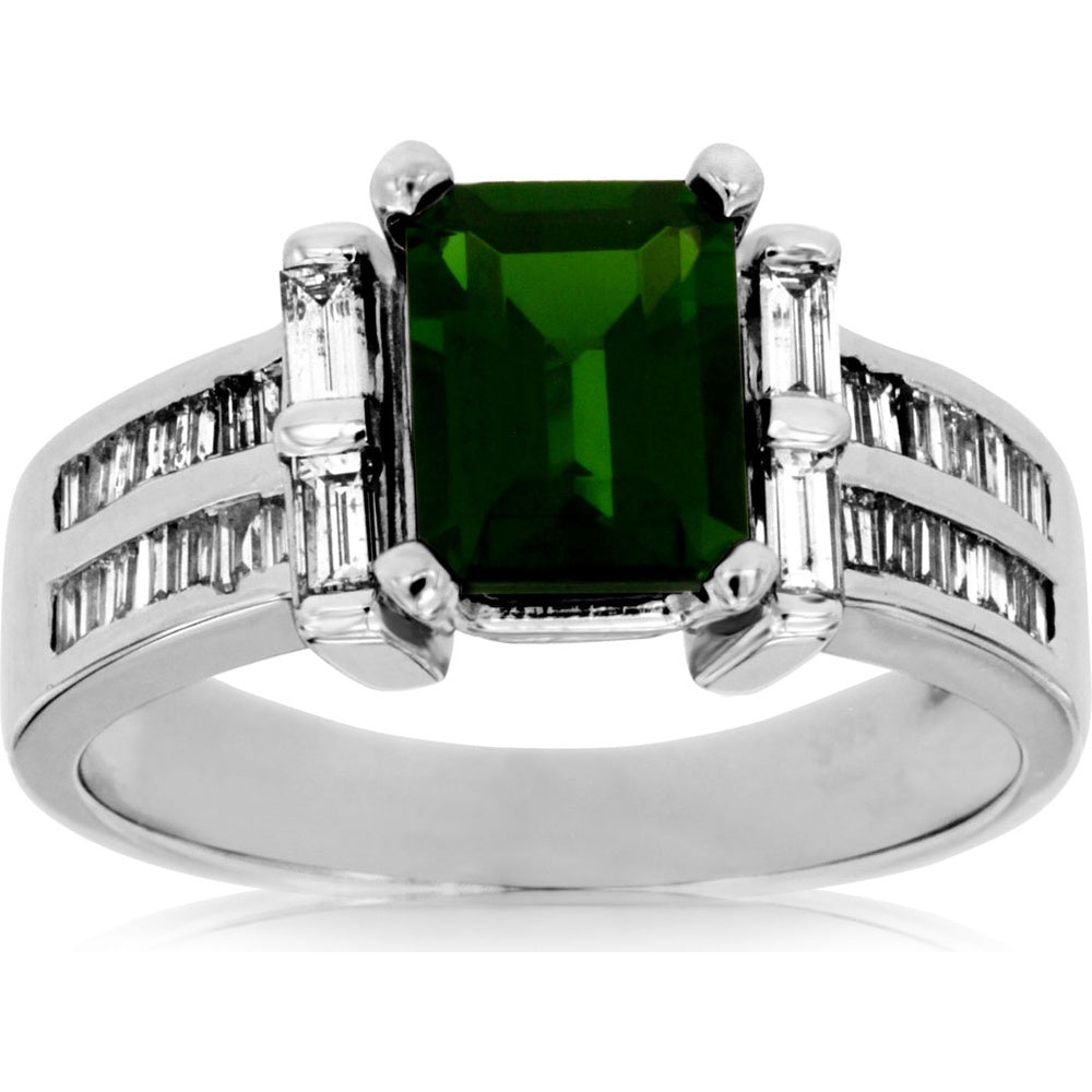 14K White Gold Split Shank Ring with Emerald Cut Russalite and Baguette Diamonds - 1.60 Carat Russalite and 0.74 Carat Total Diamond Weight - Royal Jewelry