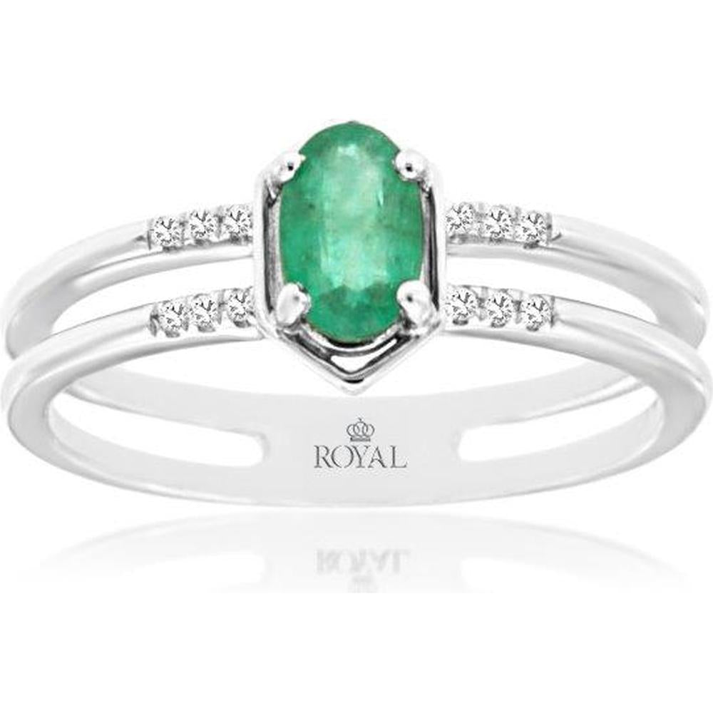 14K White Gold Split Shank Ring with Oval Emerald and Round Diamond Accents - 0.45 Carat Emerald, 0.04 Carat Diamond Total Weight - Royal Jewelry