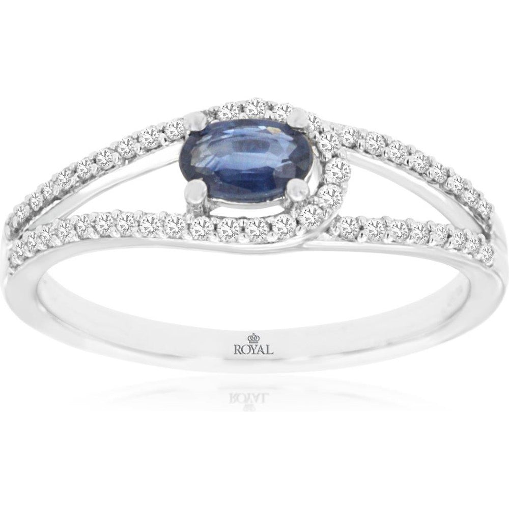14K White Gold Split Shank Ring with Oval Sapphire and Pavé Set Round Diamonds - 0.28 Carat Sapphire and 0.20 Carat Total Diamond Weight - Royal Jewelry