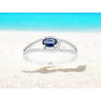 14K White Gold Split Shank Ring with Oval Sapphire and Pavé Set Round Diamonds - 0.28 Carat Sapphire and 0.20 Carat Total Diamond Weight - Royal Jewelry