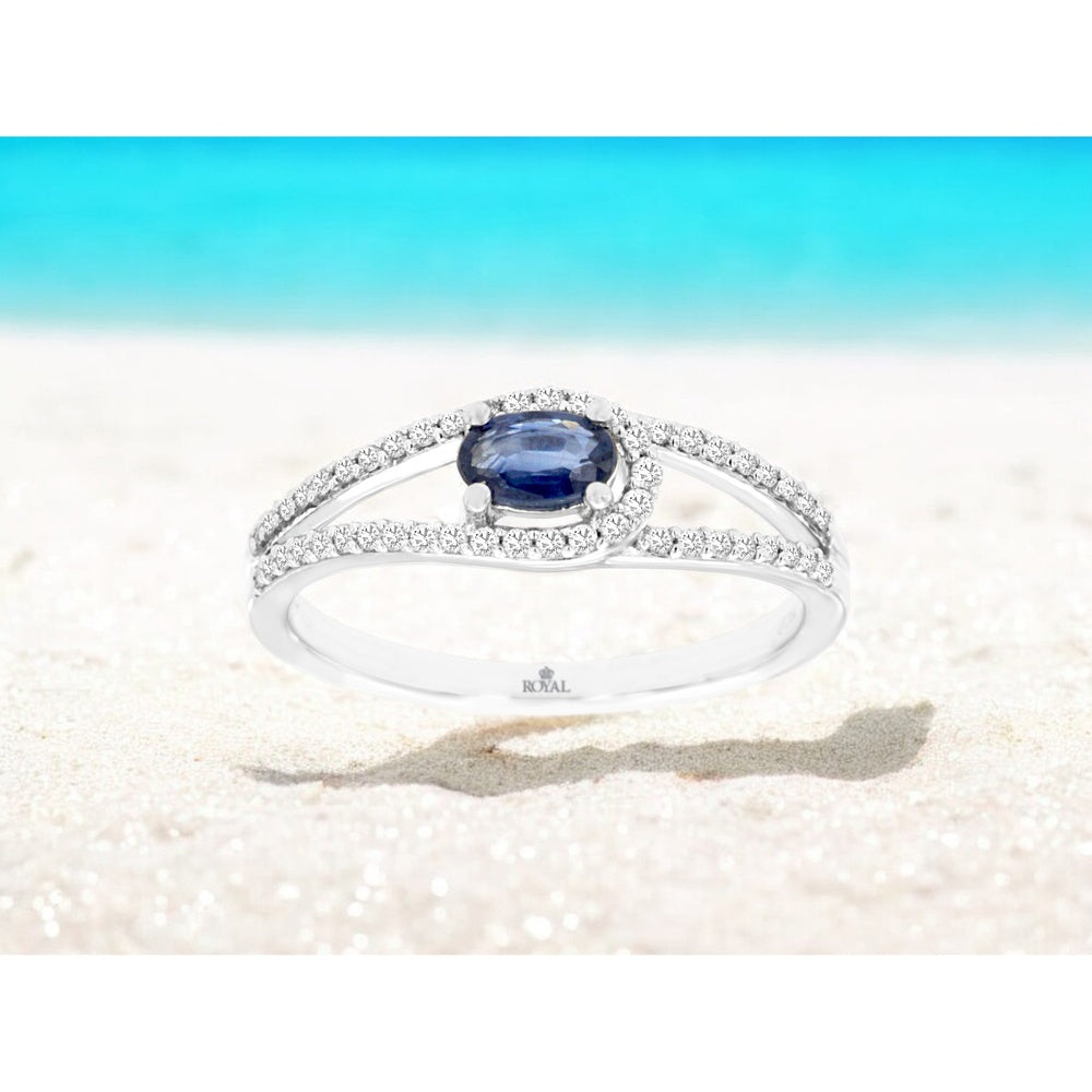14K White Gold Split Shank Ring with Oval Sapphire and Pavé Set Round Diamonds - 0.28 Carat Sapphire and 0.20 Carat Total Diamond Weight - Royal Jewelry