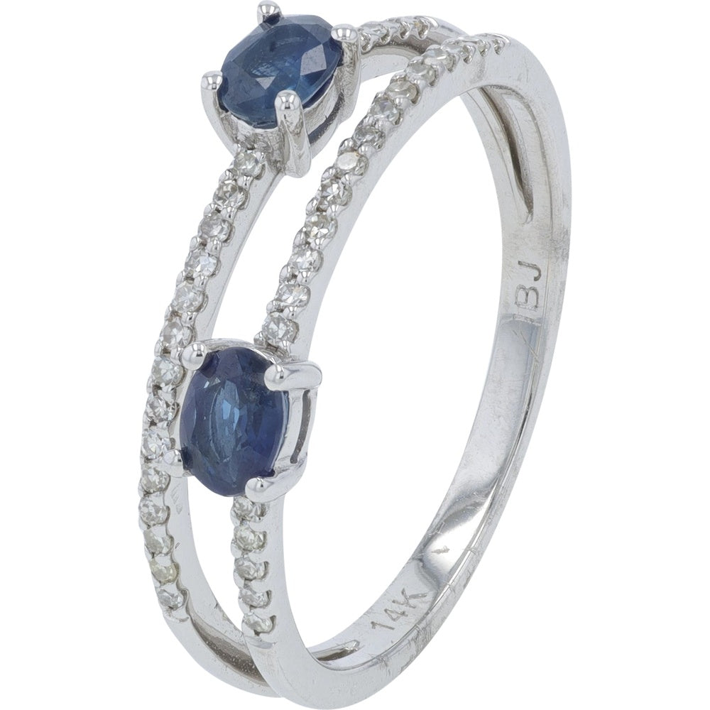 14K White Gold Split Shank Ring with Oval Sapphires and Pavé Set Diamonds - 0.60 Carat Total Sapphire Weight