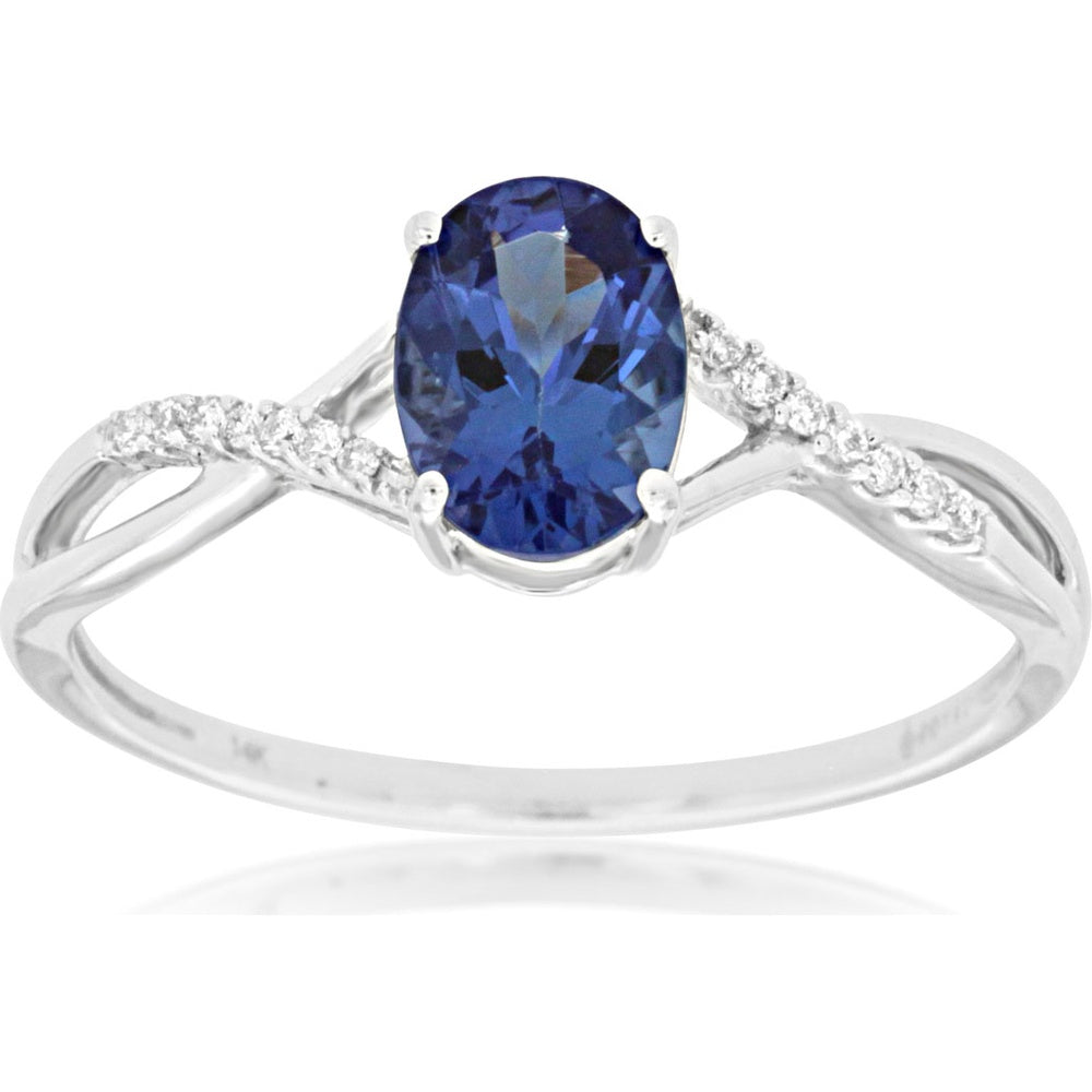 14K White Gold Split Shank Ring with Oval Tanzanite and Pavé Diamond Accents - 0.85 Carat Tanzanite and 0.04 Carat Total Diamond Weight - Royal Jewelry