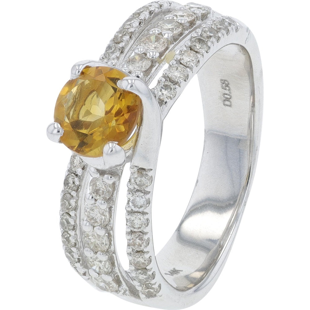 14K White Gold Split Shank Ring with Round Citrine and Pave Set Diamond Accents - 0.70 Carat Citrine and 0.68 Carat Total Diamond Weight