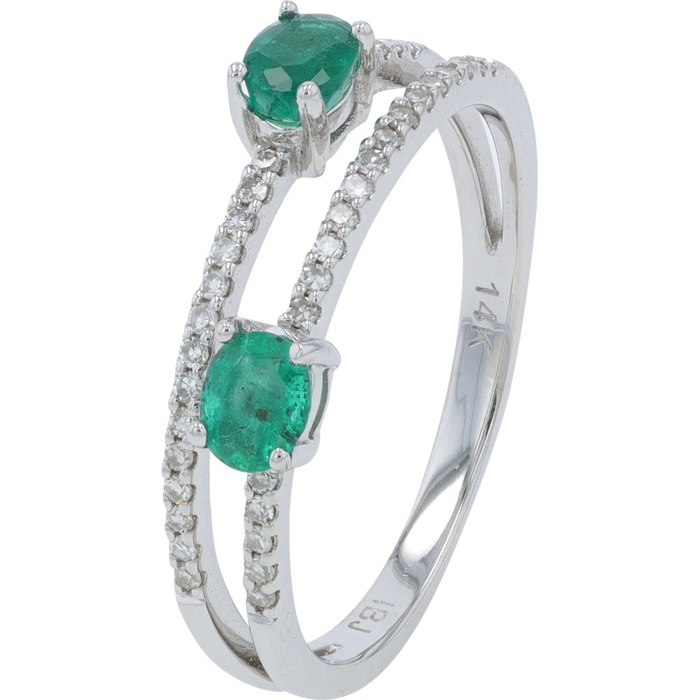 14K White Gold Split-Shank Ring with Round Emeralds and Diamond Accents - 0.55 Carat Total Emerald Weight and 0.15 Carat Total Diamond Weight