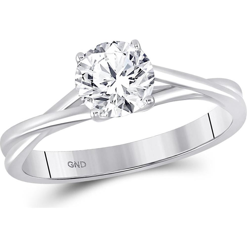 14K White Gold Split Shank Round Diamond Solitaire Bridal Ring with Bezel Accent Diamond - 0.71 Carat Total Diamond Weight