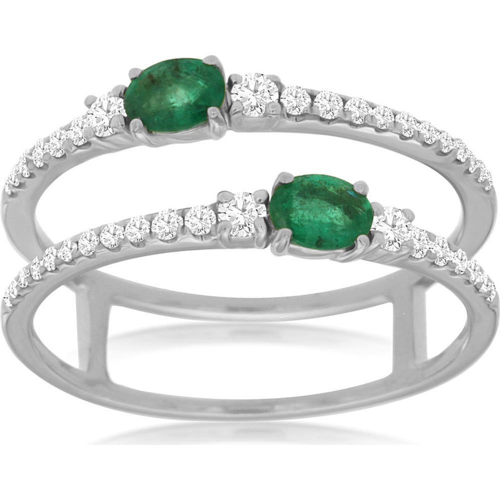 14K White Gold Split Shank Two-Band Ring with Round Diamond Accents and Oval Emeralds - 0.27 Carat Total Diamond Weight and 0.33 Carat Total Emerald Weight - Royal Jewelry