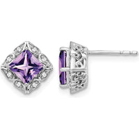 14K White Gold Square Amethyst and Diamond Earrings with 0.8 Carat Total Amethyst and 0.08 Carat Total Diamonds by Monteluci Fine Jewelry