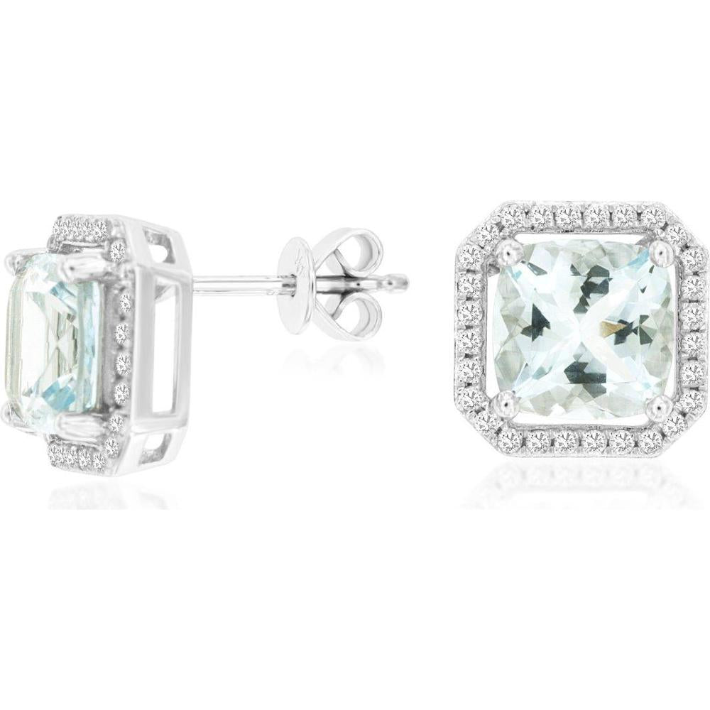 14K White Gold Square Aquamarine and Diamond Halo Stud Earrings - 2.80 Carat Total Aquamarine Weight and 0.29 Carat Total Diamond Weight - Royal Jewelry