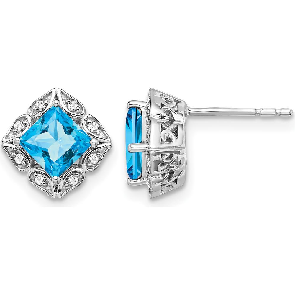 14K White Gold Square Blue Topaz and Diamond Button Earrings - 0.8 Carat Blue Topaz and 0.08 Carat Total Diamond Weight by Monteluci Fine Jewelry
