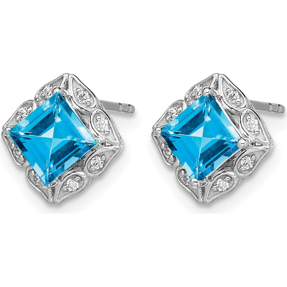 14K White Gold Square Blue Topaz and Diamond Button Earrings - 0.8 Carat Blue Topaz and 0.08 Carat Total Diamond Weight by Monteluci Fine Jewelry