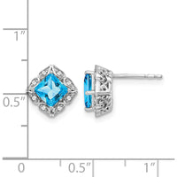 14K White Gold Square Blue Topaz and Diamond Button Earrings - 0.8 Carat Blue Topaz and 0.08 Carat Total Diamond Weight by Monteluci Fine Jewelry