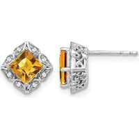 14K White Gold Square Citrine and Diamond Button Earrings - 0.8 Carat Total Citrine, 0.01 Carat Total Diamond Weight by Monteluci Fine Jewelry