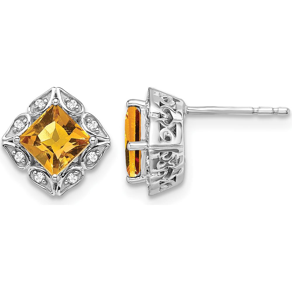 14K White Gold Square Citrine and Diamond Button Earrings - 0.8 Carat Total Citrine, 0.01 Carat Total Diamond Weight by Monteluci Fine Jewelry