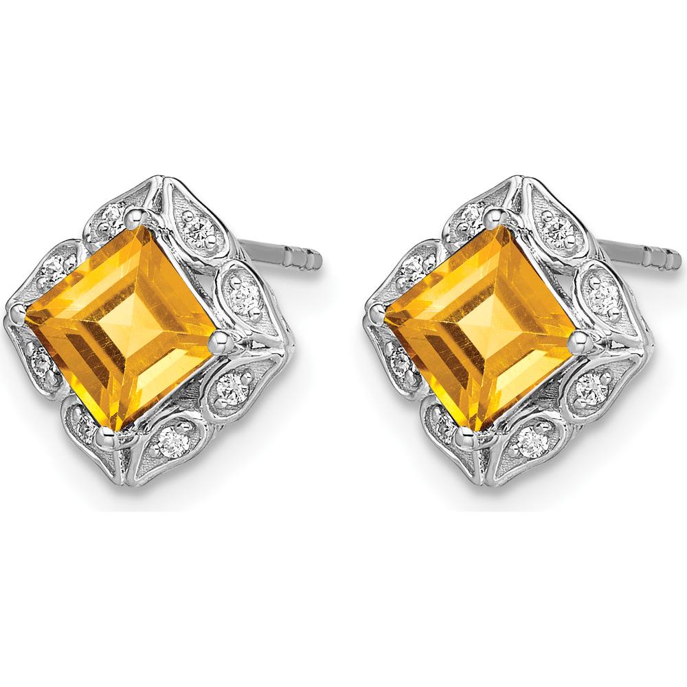 14K White Gold Square Citrine and Diamond Button Earrings - 0.8 Carat Total Citrine, 0.01 Carat Total Diamond Weight by Monteluci Fine Jewelry
