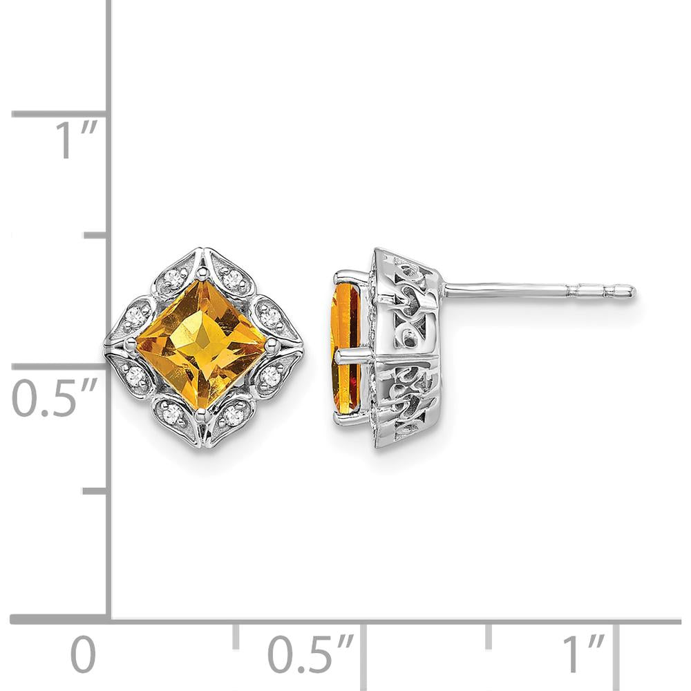 14K White Gold Square Citrine and Diamond Button Earrings - 0.8 Carat Total Citrine, 0.01 Carat Total Diamond Weight by Monteluci Fine Jewelry