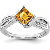 14K White Gold Square Citrine and Diamond Ring - 1.015 Carat Citrine, 0.015 Carat Diamond by 0