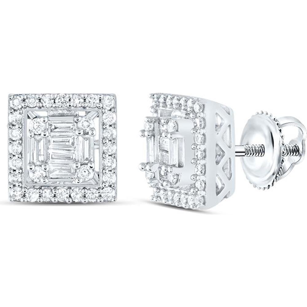 14K White Gold Square Cluster Stud Earrings with Baguette and Round Diamonds - 0.38 Carat Total Diamond Weight