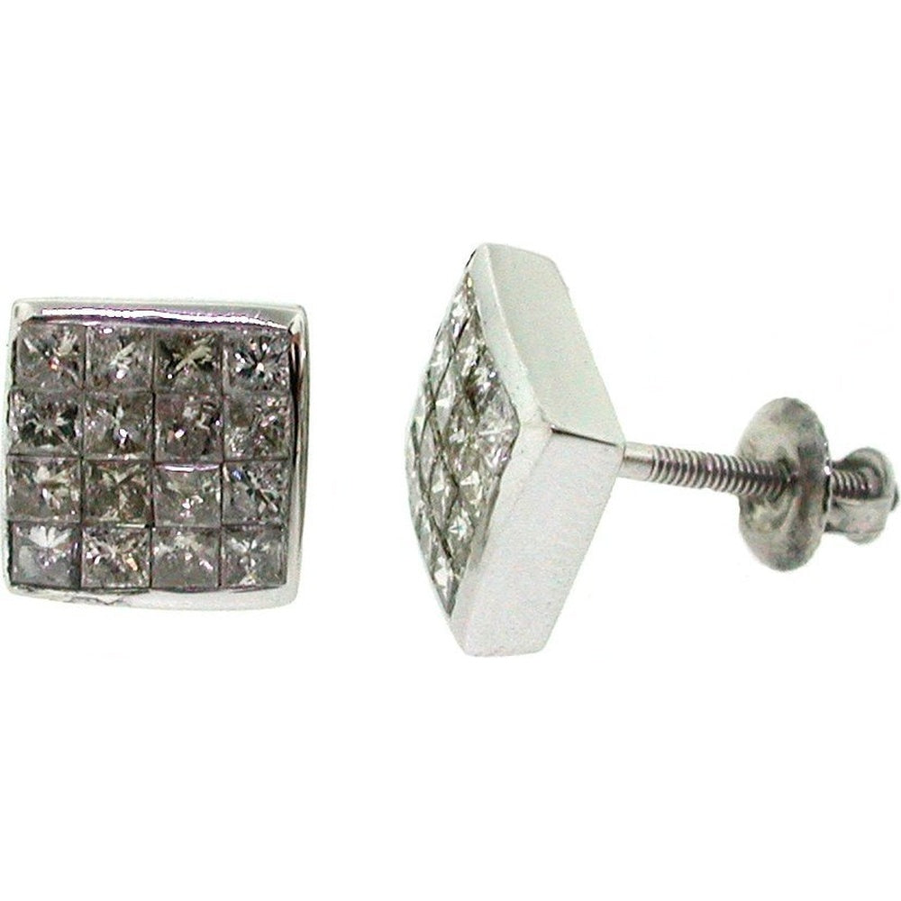 14K White Gold Square Cluster Stud Earrings with Invisible-Set Princess Cut Diamonds - 0.76 Carat Total Diamond Weight by Auriventus