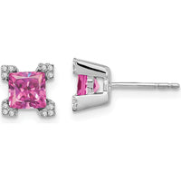 14K White Gold Square Created Pink Sapphire and Diamond Stud Earrings - 0.495 Carat Total Sapphire Weight, 0.003 Carat Total Diamond Weight by Monteluci Fine Jewelry