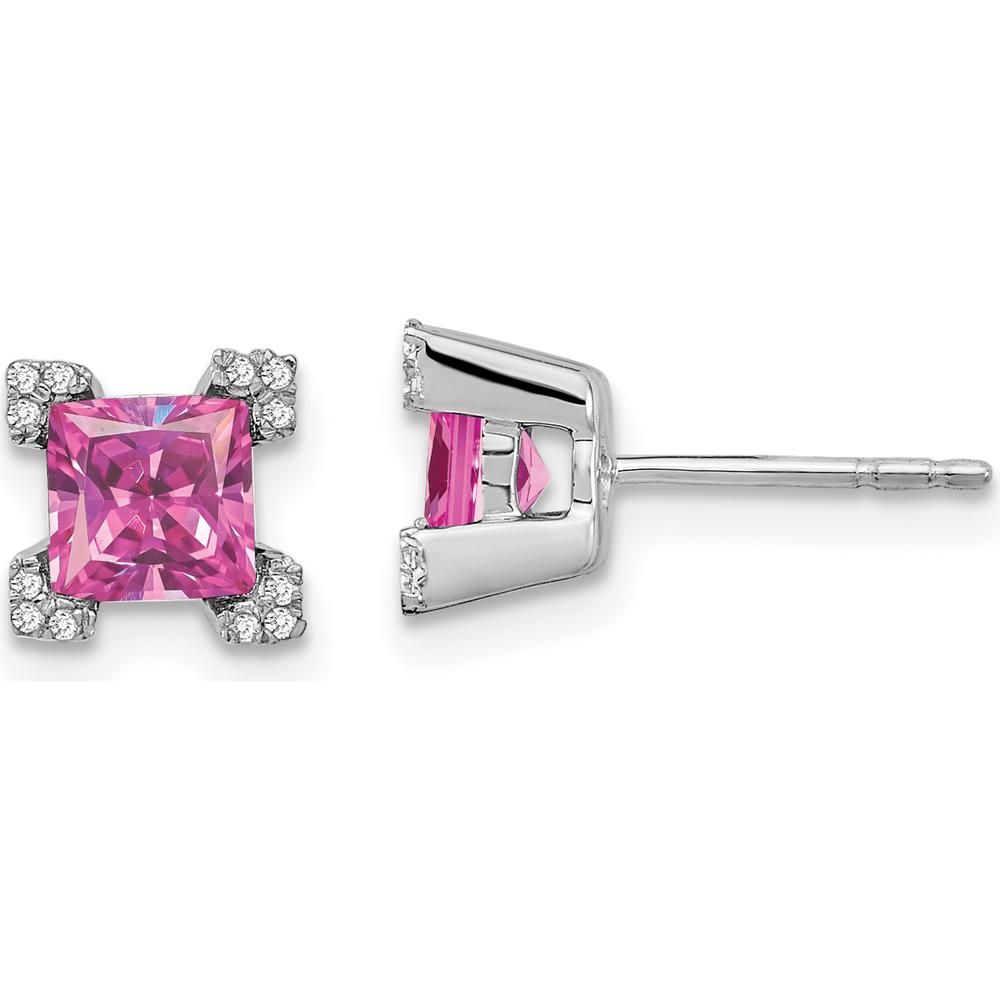 14K White Gold Square Created Pink Sapphire and Diamond Stud Earrings - 0.495 Carat Total Sapphire Weight, 0.003 Carat Total Diamond Weight by Monteluci Fine Jewelry