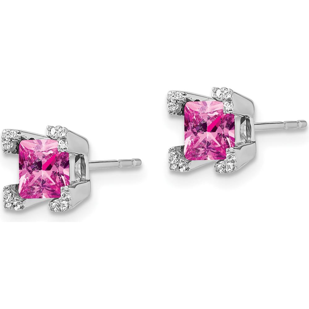 14K White Gold Square Created Pink Sapphire and Diamond Stud Earrings - 0.495 Carat Total Sapphire Weight, 0.003 Carat Total Diamond Weight by Monteluci Fine Jewelry