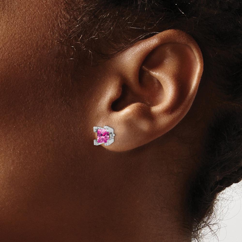14K White Gold Square Created Pink Sapphire and Diamond Stud Earrings - 0.495 Carat Total Sapphire Weight, 0.003 Carat Total Diamond Weight by Monteluci Fine Jewelry