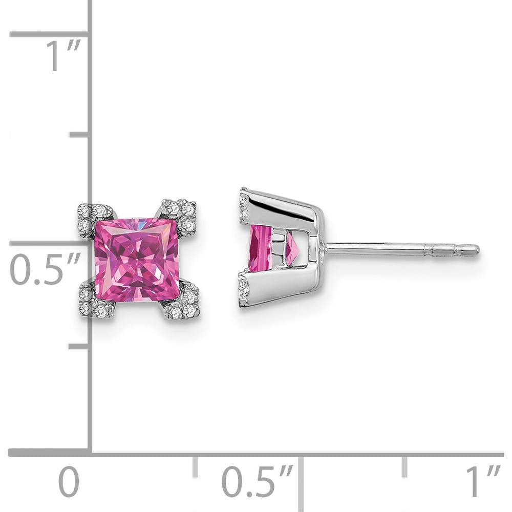 14K White Gold Square Created Pink Sapphire and Diamond Stud Earrings - 0.495 Carat Total Sapphire Weight, 0.003 Carat Total Diamond Weight by Monteluci Fine Jewelry