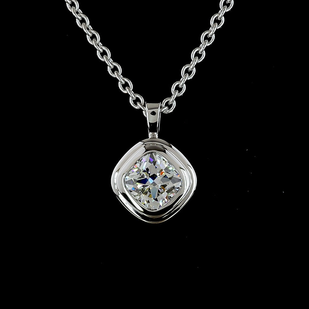 14K White Gold Square Cushion Brilliant Cut Solitaire Pendant with Bezel Set Lab Diamond - 1.30 Carats Total Diamond Weight - Covaloro Fine Jewelry