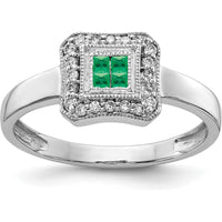 14K White Gold Square Design Emerald and Diamond Ring with Princess and Round Cut Stones - 0.13 Carat Total Gem Weight by 0