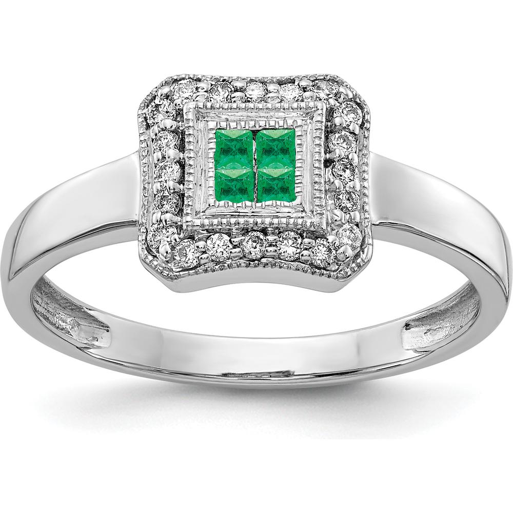 14K White Gold Square Design Emerald and Diamond Ring with Princess and Round Cut Stones - 0.13 Carat Total Gem Weight by 0