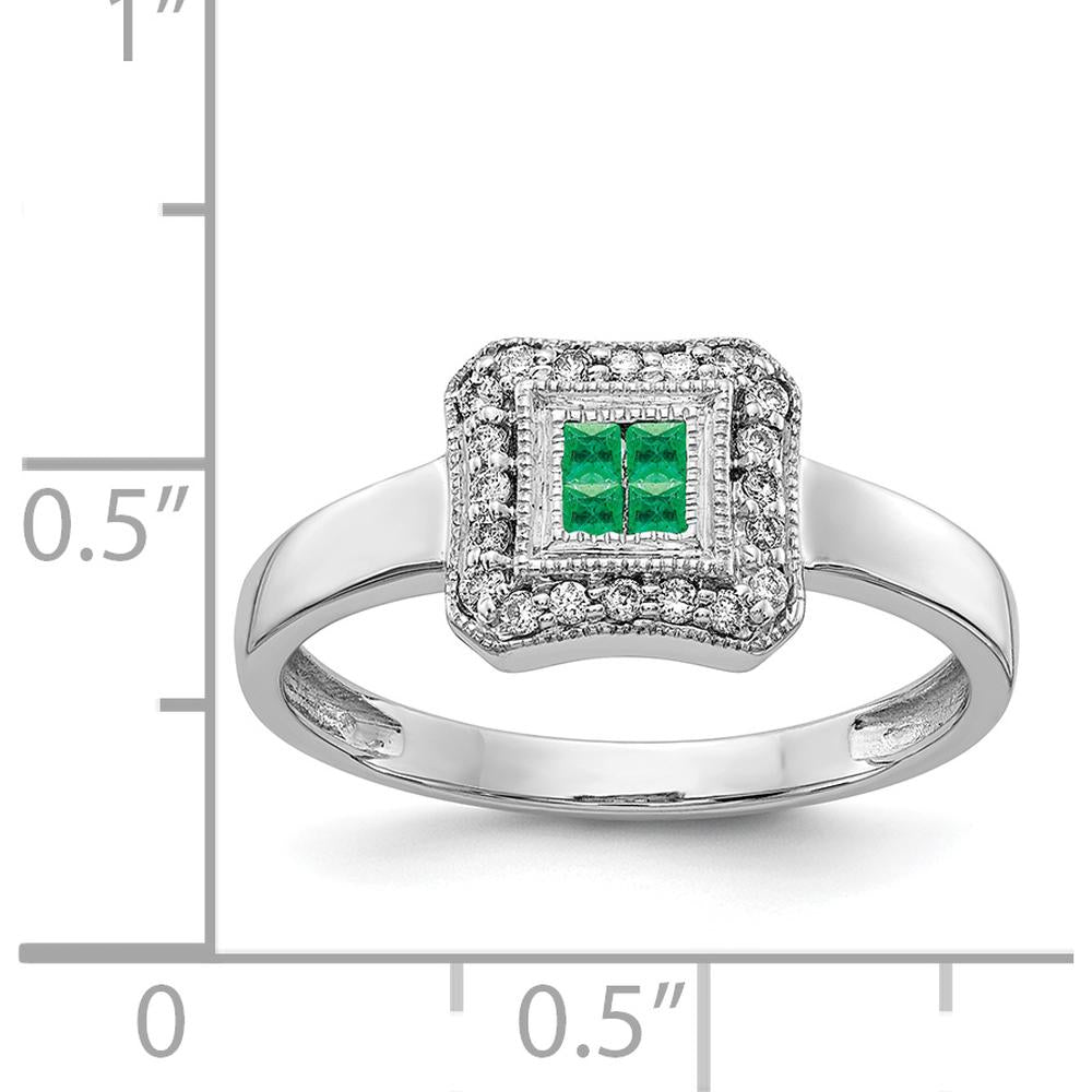 14K White Gold Square Design Emerald and Diamond Ring with Princess and Round Cut Stones - 0.13 Carat Total Gem Weight by 0