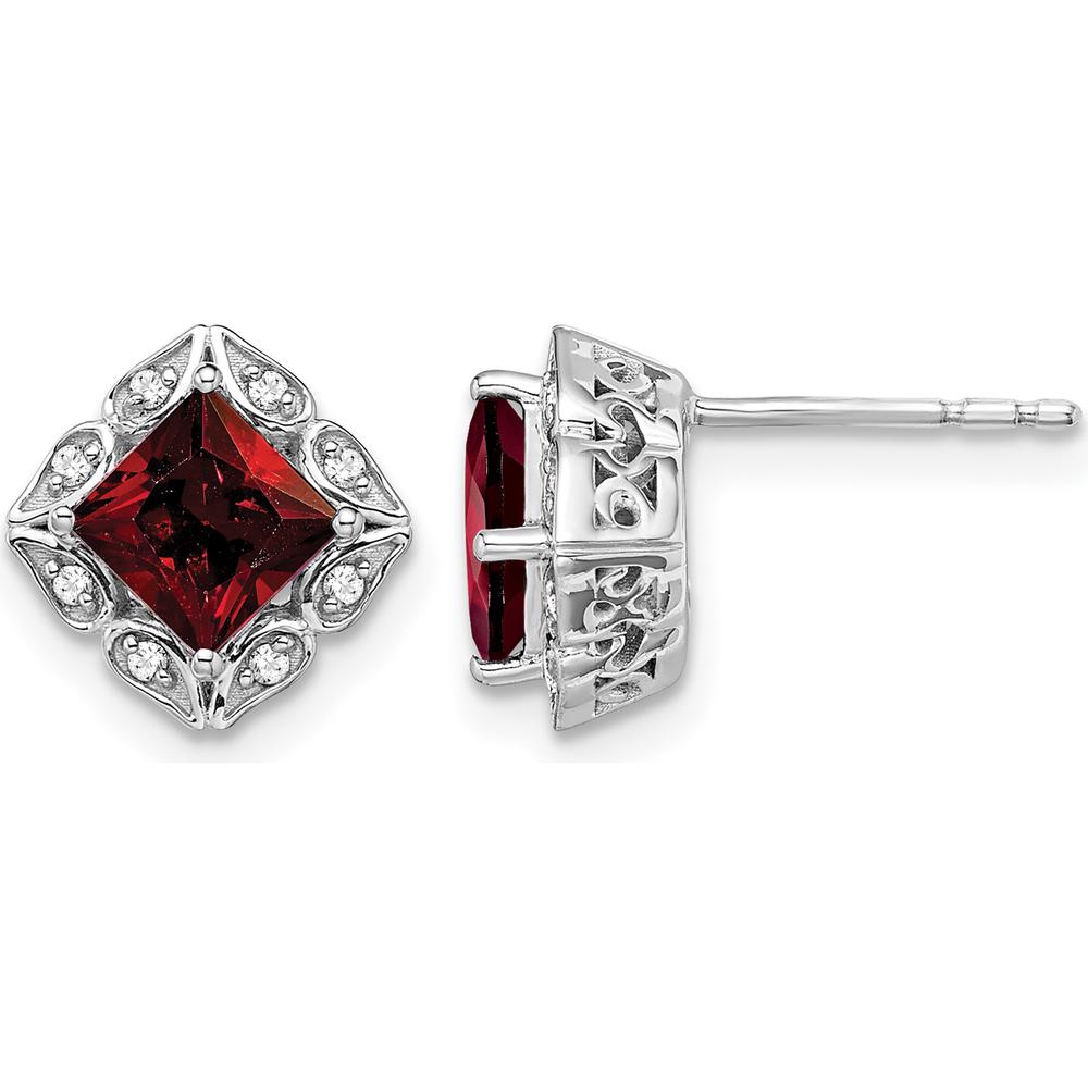 14K White Gold Square Garnet and Diamond Stud Earrings with Princess Cut Garnet - 0.8 Carat Total Gem Weight by Monteluci Fine Jewelry