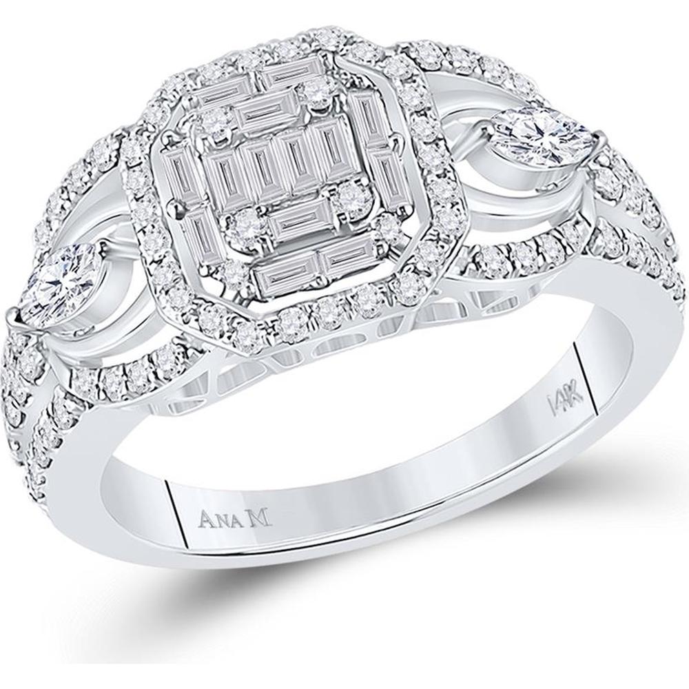 14K White Gold Square Halo Engagement Ring with Illusion-Set Baguette, Marquise, and Round Diamonds - 0.75 Carat Total Diamond Weight