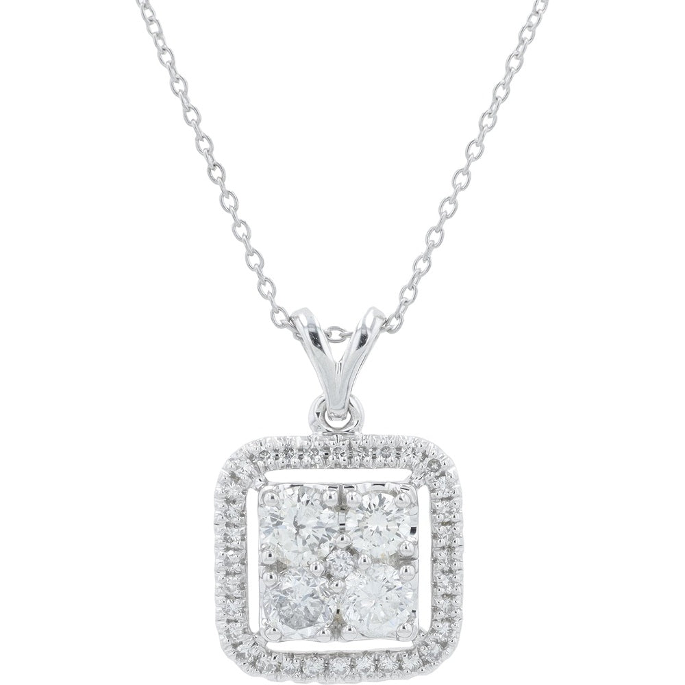 14K White Gold Square Halo Pendant Necklace with Cluster Set Round Diamonds - 1.34 Carat Total Diamond Weight