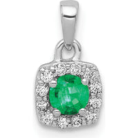 14K White Gold Square Halo Pendant with 0.20 Carat Round Emerald and Diamond Accents by Lumare Gioia