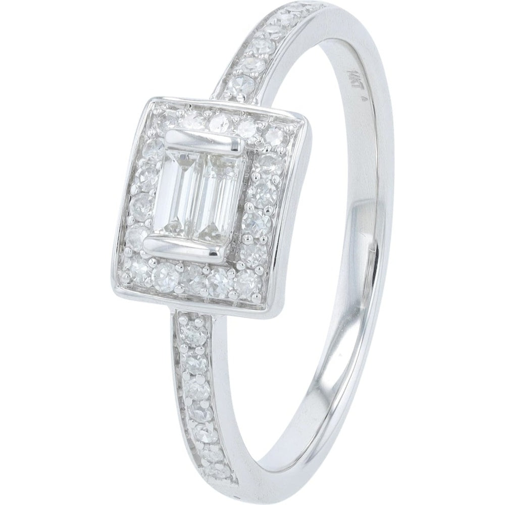 14K White Gold Square Halo Ring with Baguette-Cut Center Diamond and Pavé-Set Round Diamonds - 0.25 Carat Total Diamond Weight