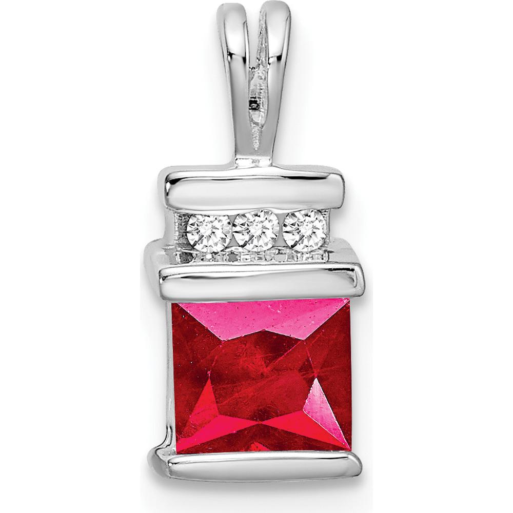 14K White Gold Square Ruby and Diamond Pendant - 0.8 Carat Ruby, 0.03 Carat Total Diamond Weight by Lumare Gioia