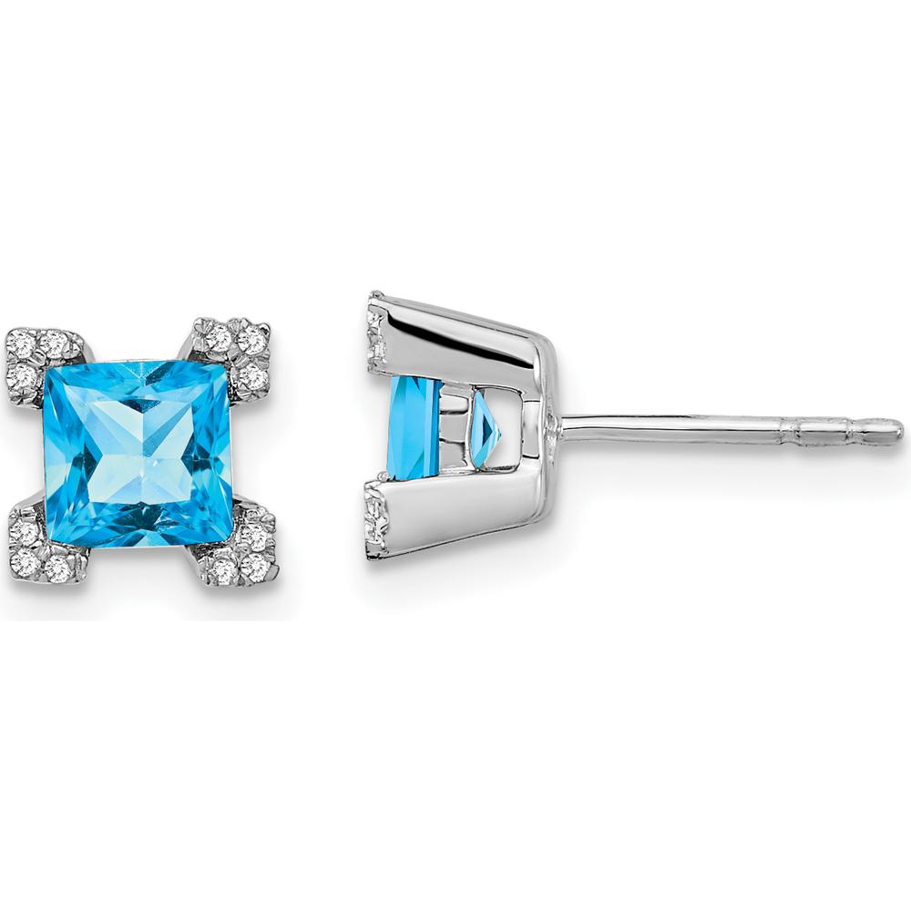 14K White Gold Square Swiss Blue Topaz Earrings with Round Diamond Accents - 0.495 Carat Total Blue Topaz Weight, 0.003 Carat Total Diamond Weight by Monteluci Fine Jewelry
