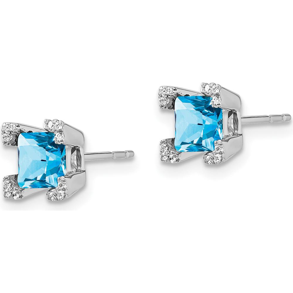 14K White Gold Square Swiss Blue Topaz Earrings with Round Diamond Accents - 0.495 Carat Total Blue Topaz Weight, 0.003 Carat Total Diamond Weight by Monteluci Fine Jewelry