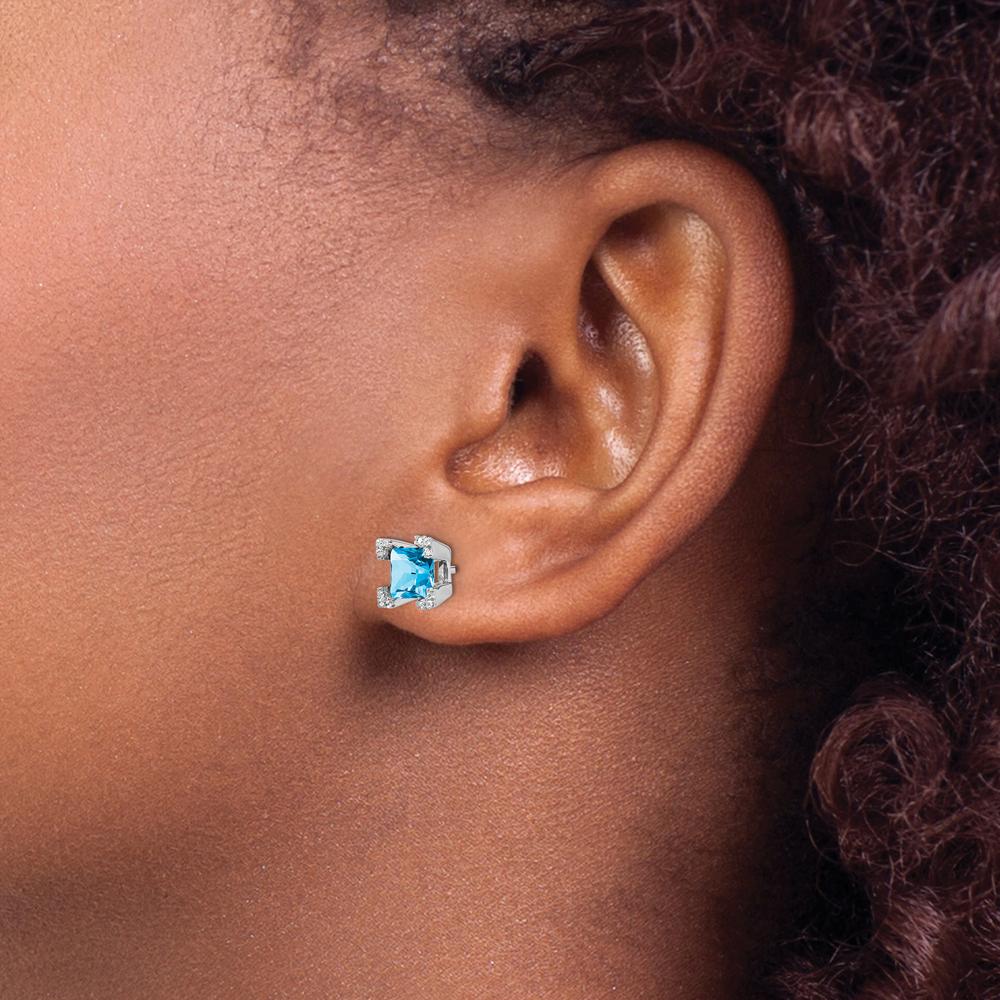 14K White Gold Square Swiss Blue Topaz Earrings with Round Diamond Accents - 0.495 Carat Total Blue Topaz Weight, 0.003 Carat Total Diamond Weight by Monteluci Fine Jewelry